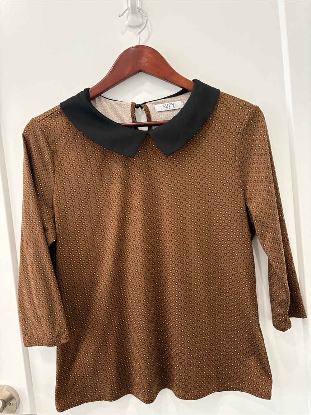 Suzy Shier Brown Patterned Long-Sleeve Dress with Black Peter Pan Collar